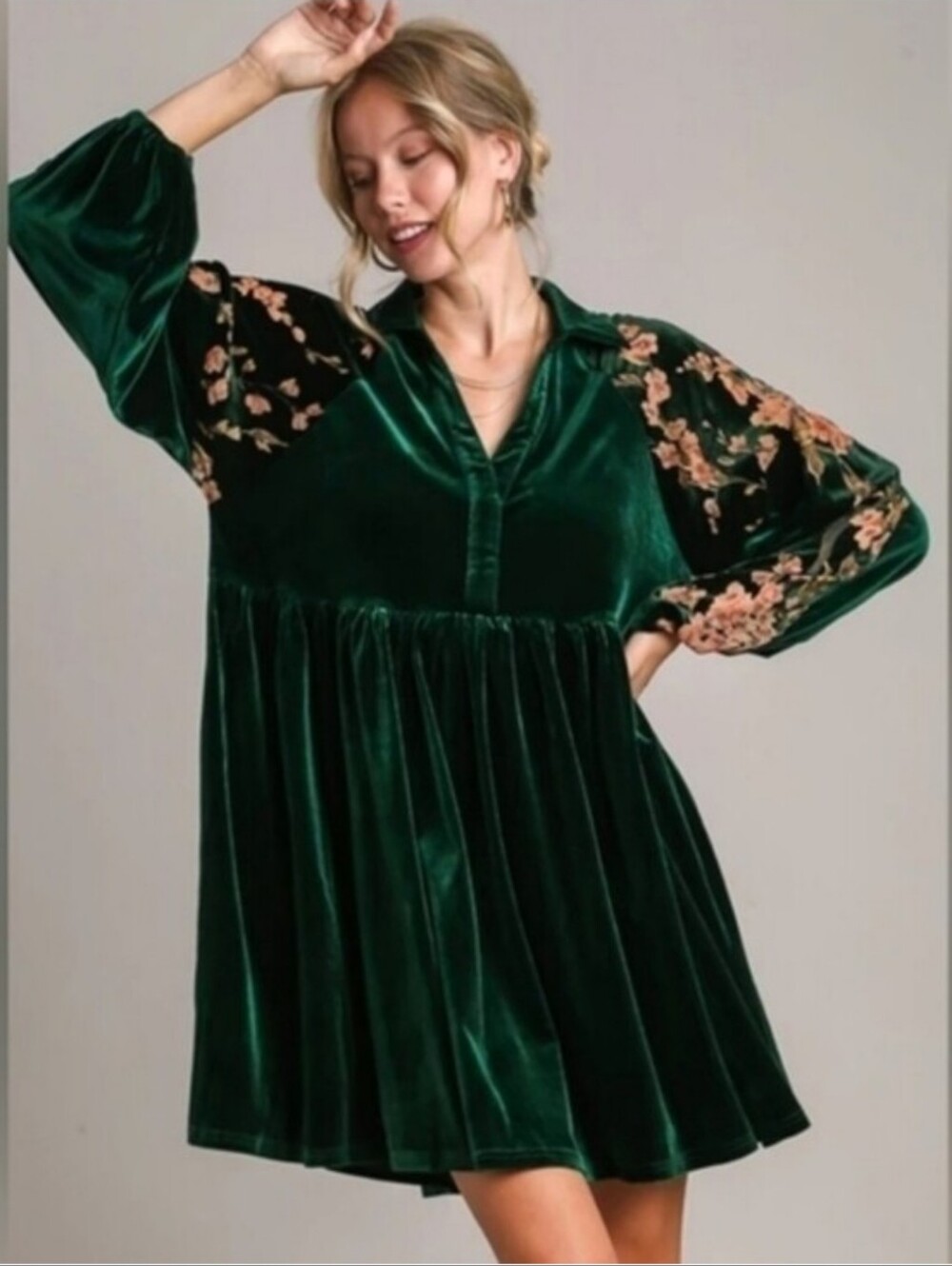 NWT Umgee Emerald Green Velvet Floral Sleeve Babydoll Mini Dress Cottagecore S
